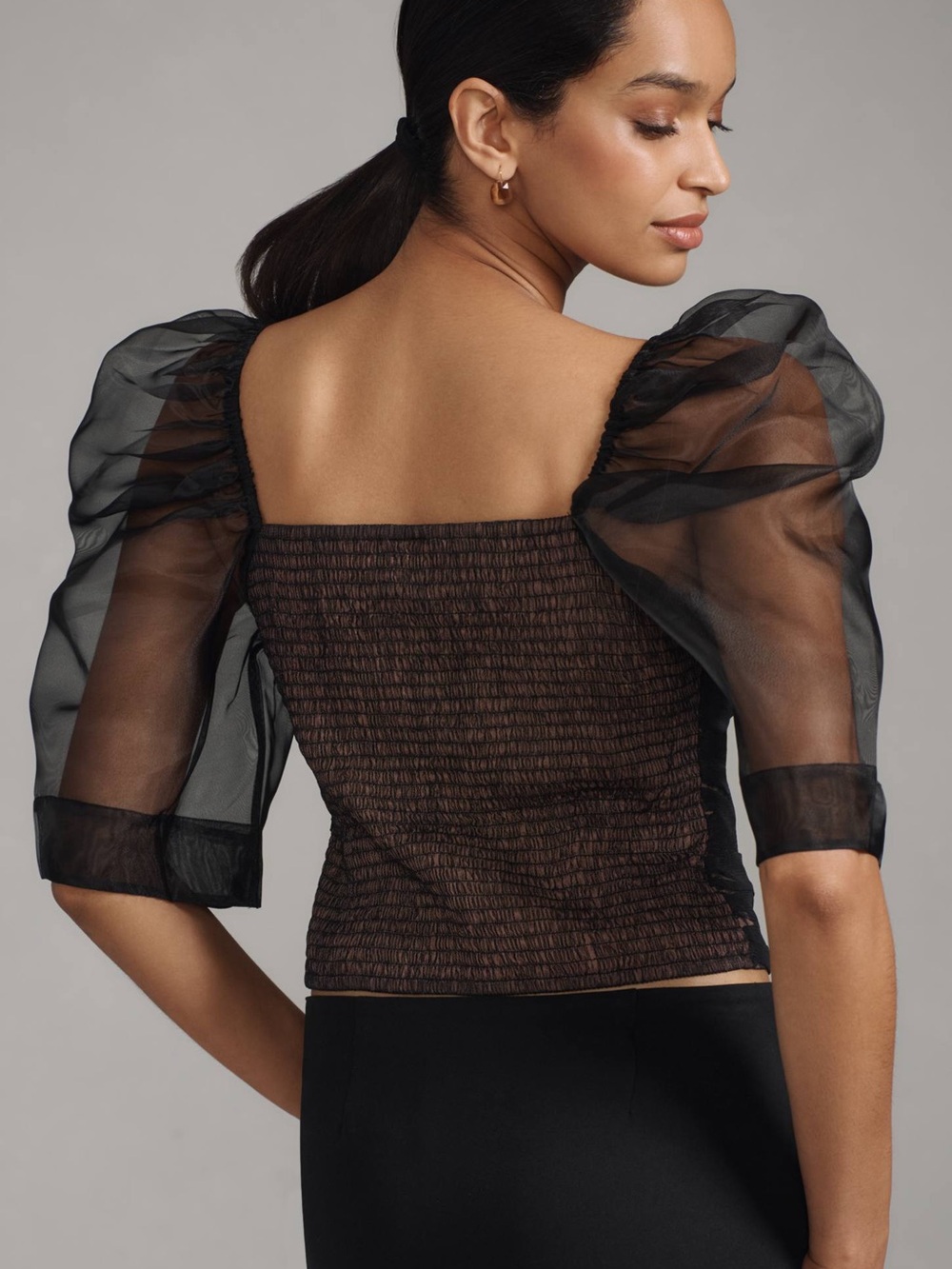 Maeve Puff-Sleeve Embellished Tulle Top In Black Size L - Picture 2 of 7